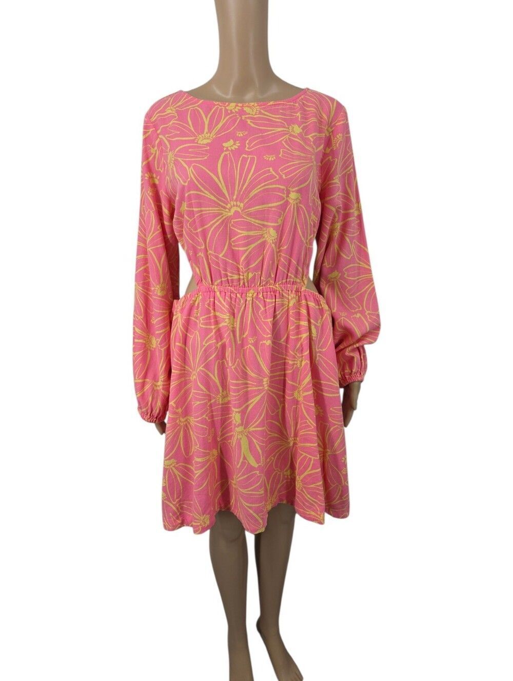 Universal Thread Pink Dress with Yellow Floral Print Linen Blend Cut Out Sides